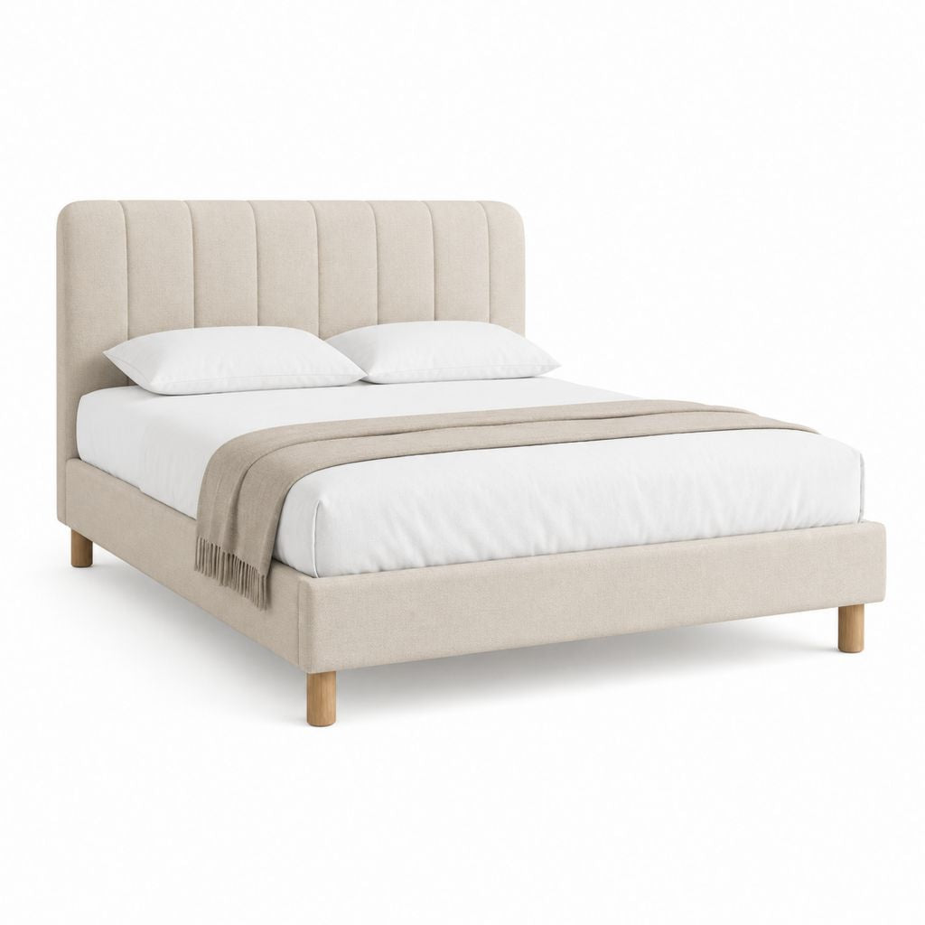 Lit à ressorts double beige en polyester rectangulaire 160 x 200 cm