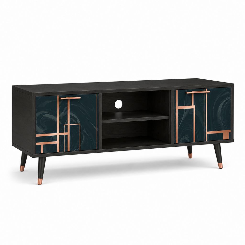 Meuble TV 160 cm noir en panneaux de particules avec portes décoratives et rangement