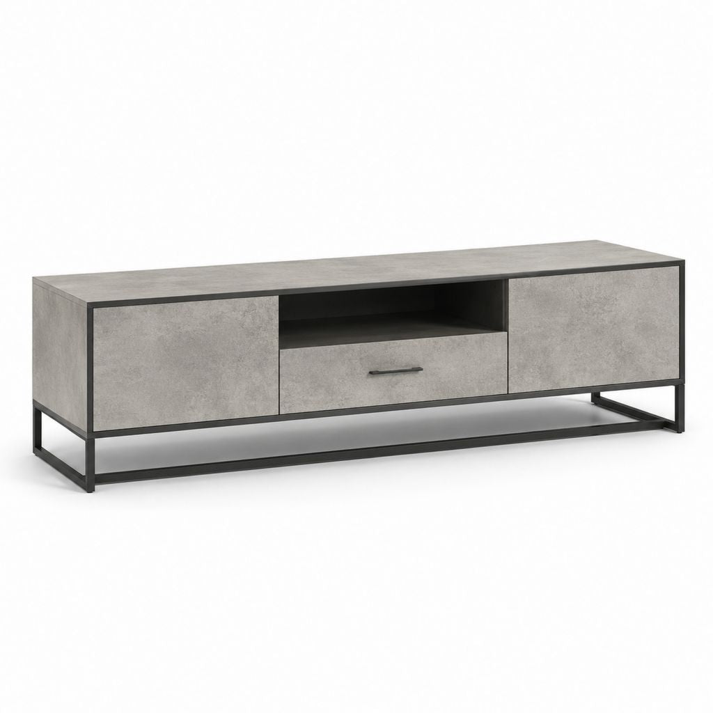 Meuble TV gris effet béton en panneaux de particules et acier 160 x 40 x 50 cm