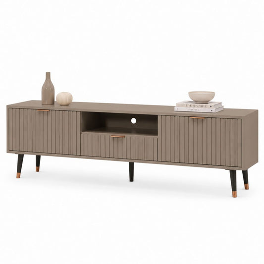 Meuble TV taupe en MDF rectangulaire avec rangement et passe-câbles 180 x 40 x 60 cm
