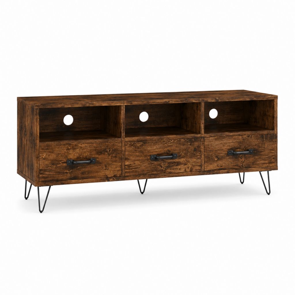 Meuble TV rectangulaire marron en panneaux de particules 140 x 40 x 60 cm avec 3 tiroirs et 3 niches