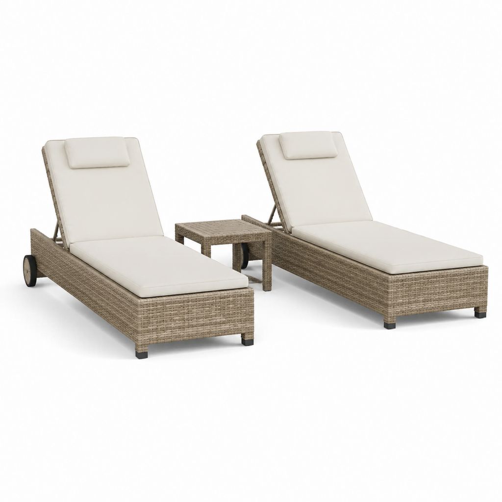 Ensemble de 2 bains de soleil réglables avec table basse en résine tressée beige 200 x 65 x 33 cm