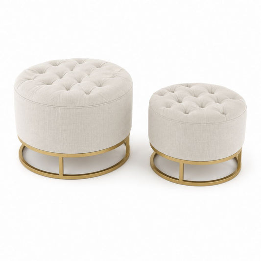 Lot de 2 poufs repose-pieds ronds beige en polyester avec piètement en acier inoxydable doré Ø80 x H45 cm et Ø60 x H40 cm