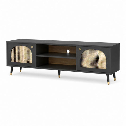 Meuble TV rectangulaire noir en MDF et cannage naturel 160 x 40 x 55 cm