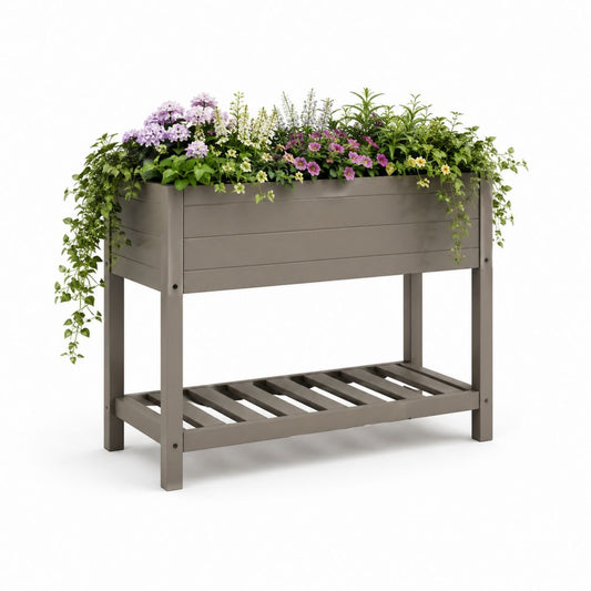 Jardinière surélevée rectangulaire gris taupe en bois massif 80 x 40 x 80 cm avec étagère basse