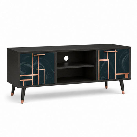 Meuble TV 160 cm noir en panneaux de particules avec portes décoratives et rangement