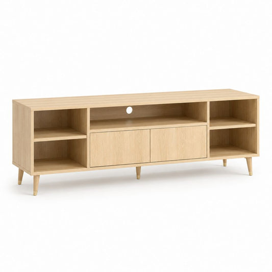 Meuble TV 160 x 40 x 60 cm chêne clair en panneaux de particules avec 6 niches et 2 portes