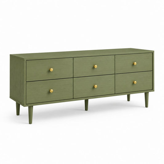 Commode basse 6 tiroirs vert olive en panneaux MDF rectangulaire 140 x 40 x 75 cm