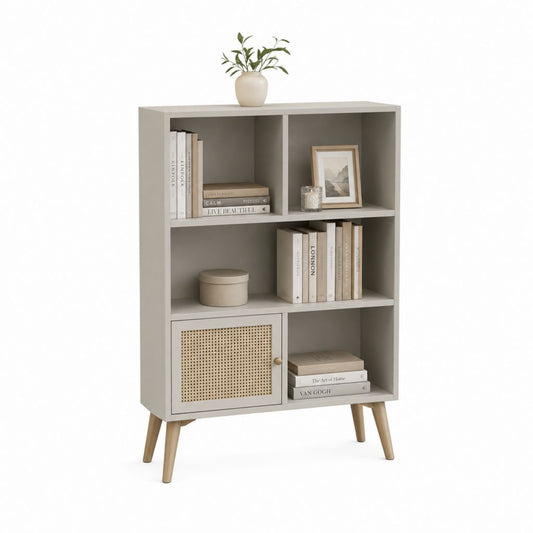 Bibliothèque 5 niches avec placard gris en MDF et rotin naturel 80 x 30 x 120 cm
