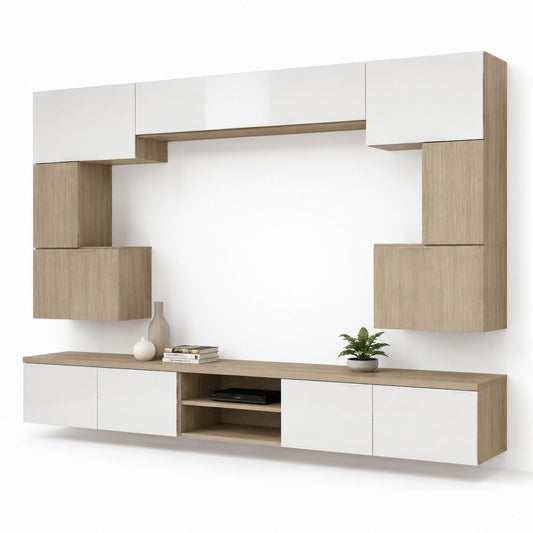 Ensemble meuble TV mural 8 éléments blanc et chêne clair en panneaux de particules 240 x 40 x 190 cm