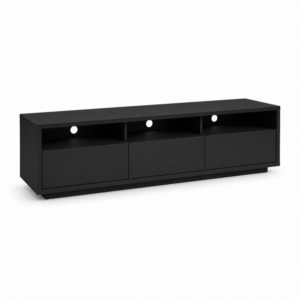Meuble TV noir en panneaux de particules rectangulaire avec 3 portes et passe-câbles 160 x 40 x 45 cm