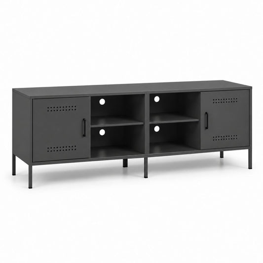 Meuble TV en acier noir rectangulaire 140 x 40 x 60 cm avec 2 portes et 4 niches
