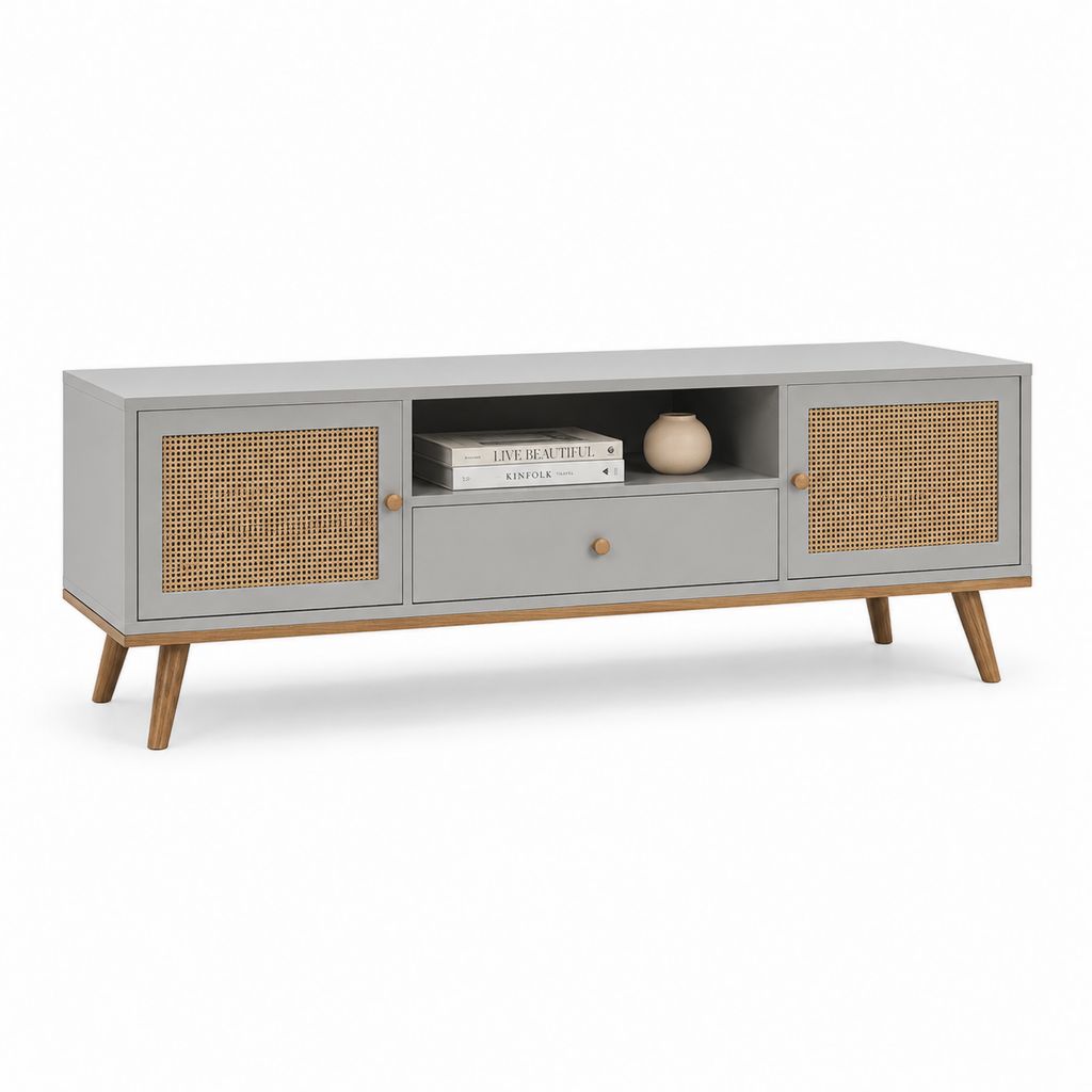 Meuble TV bas gris en MDF avec cannage en rotin 160 x 40 x 60 cm