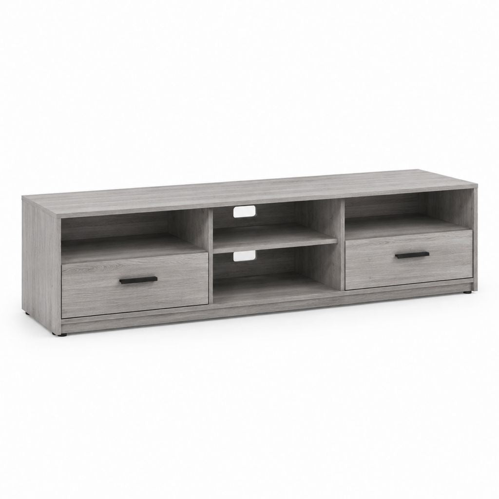 Meuble TV rectangulaire gris chêne en panneaux de particules mélaminés 180 x 40 x 45 cm avec 2 tiroirs