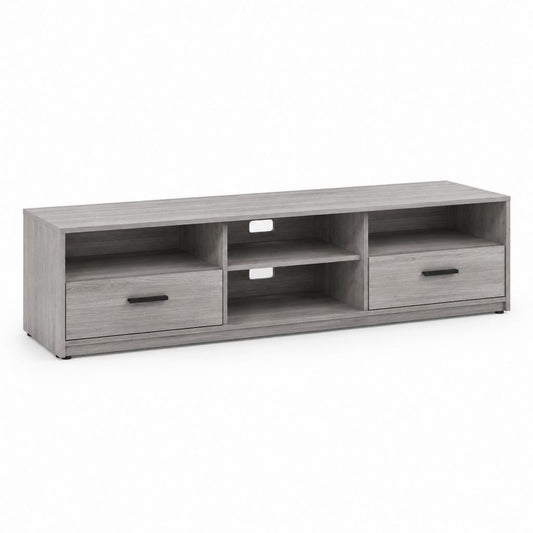 Meuble TV rectangulaire gris chêne en panneaux de particules mélaminés 180 x 40 x 45 cm avec 2 tiroirs