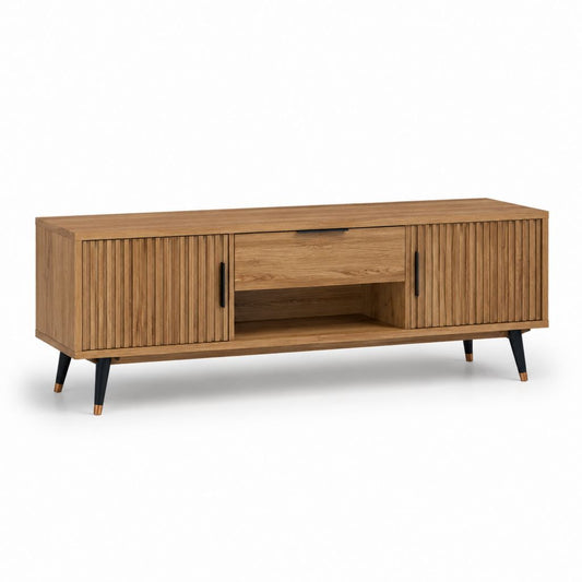 Meuble TV en MDF plaqué chêne naturel 160 x 40 x 60 cm avec 2 portes et tiroir