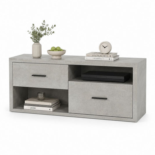Meuble TV gris béton en panneaux de particules 140 x 40 x 60 cm avec 2 tiroirs et 2 niches