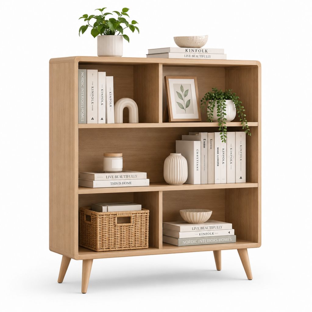 Bibliothèque 3 niveaux en panneaux MDF plaqués chêne naturel 90 x 35 x 120 cm