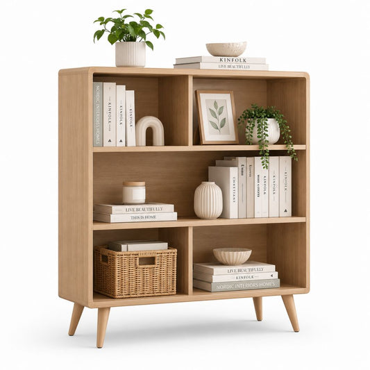Bibliothèque 3 niveaux en panneaux MDF plaqués chêne naturel 90 x 35 x 120 cm