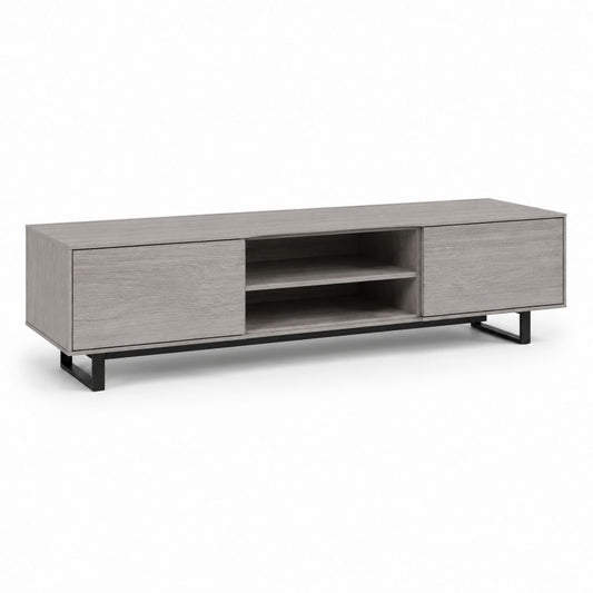 Meuble TV 180 cm gris chêne en panneaux de particules avec pieds en acier noir