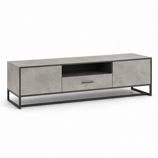 Meuble TV gris effet béton en panneaux de particules et acier 160 x 40 x 50 cm