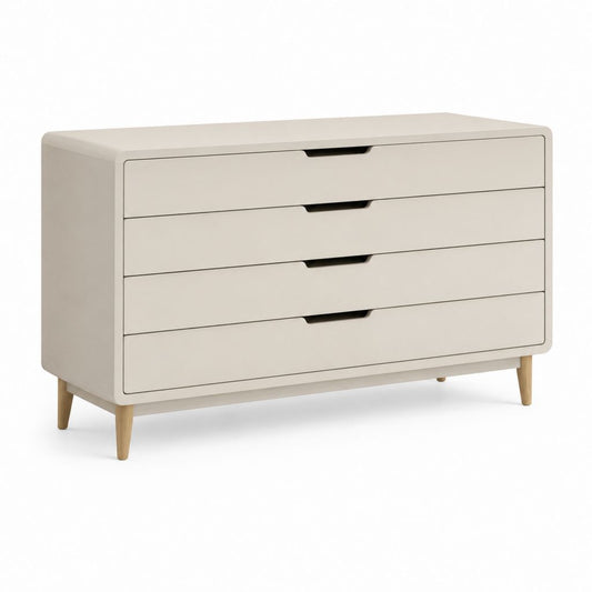Commode basse 4 tiroirs beige en MDF et hévéa massif 120 x 45 x 80 cm