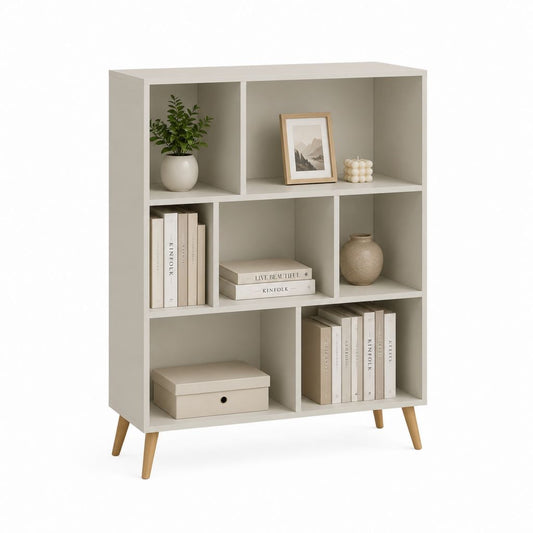 Bibliothèque 6 cases blanc cassé en panneaux de particules 80 x 30 x 120 cm