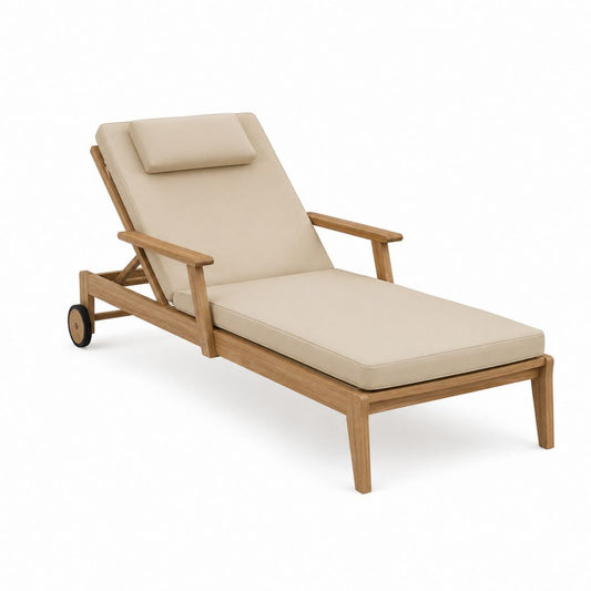 Bain de soleil à roulettes en bois massif d’acacia beige avec coussin 200 x 70 x 35 cm