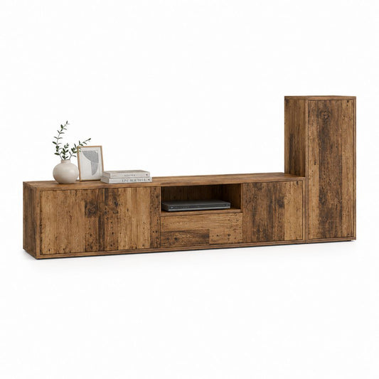 Ensemble meuble TV avec colonne marron en bois massif recyclé 240 x 40 x 90 cm