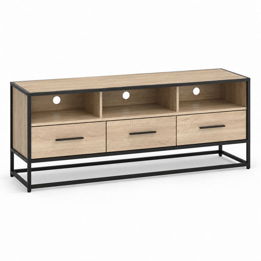 Meuble TV 140 cm chêne clair et noir en panneau de particules mélaminé avec 3 tiroirs